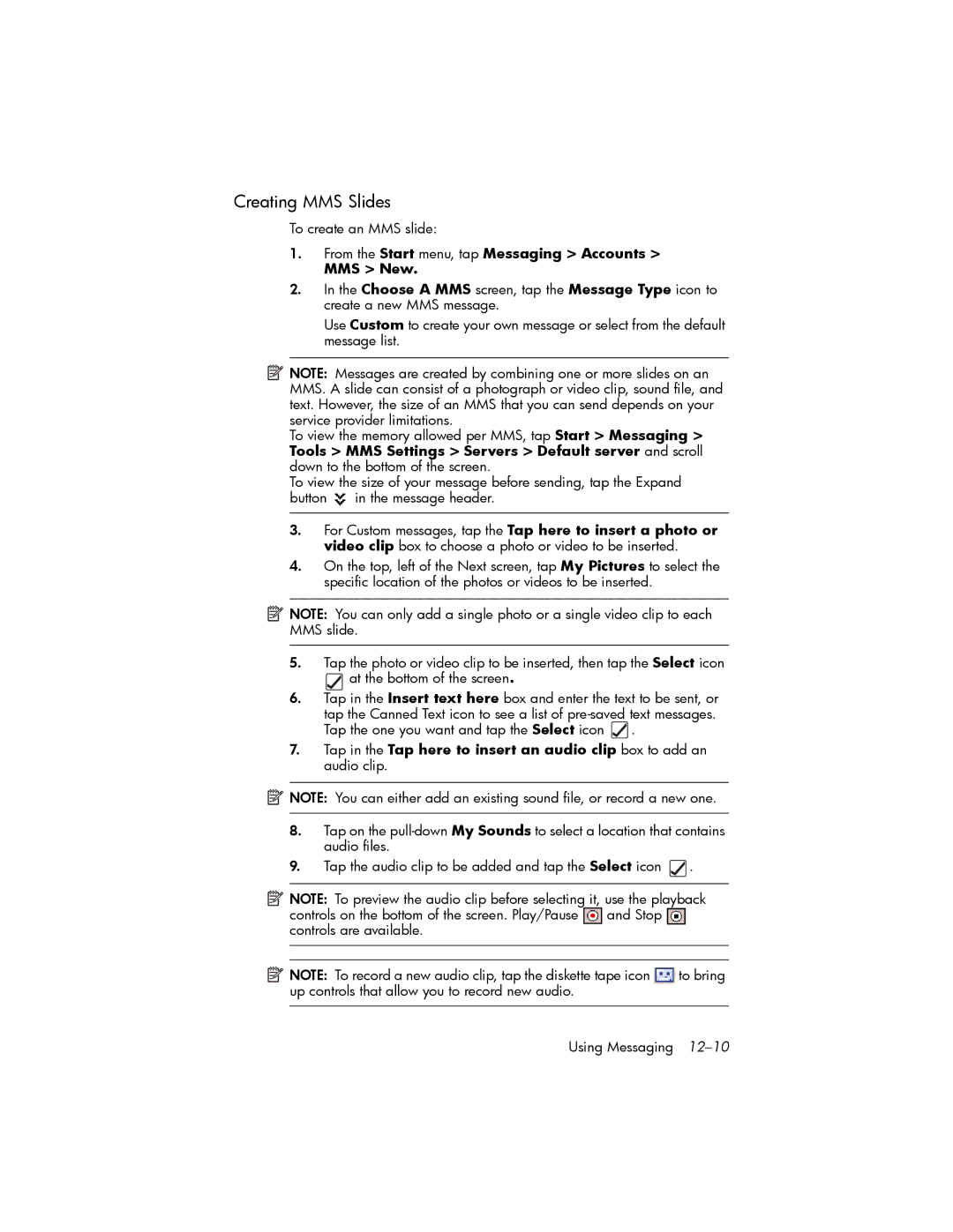 HP hw6500 Cingular manual Creating MMS Slides, To create an MMS slide, From the Start menu, tap Messaging Accounts MMS New 