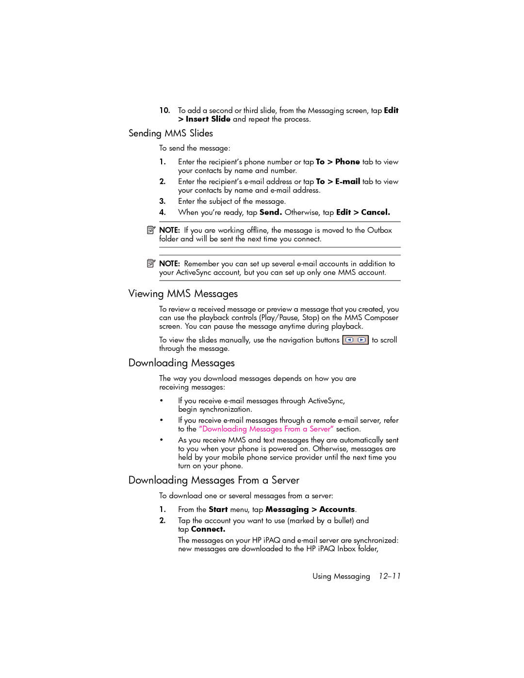 HP hw6500 Cingular manual Viewing MMS Messages, Downloading Messages From a Server, Sending MMS Slides 