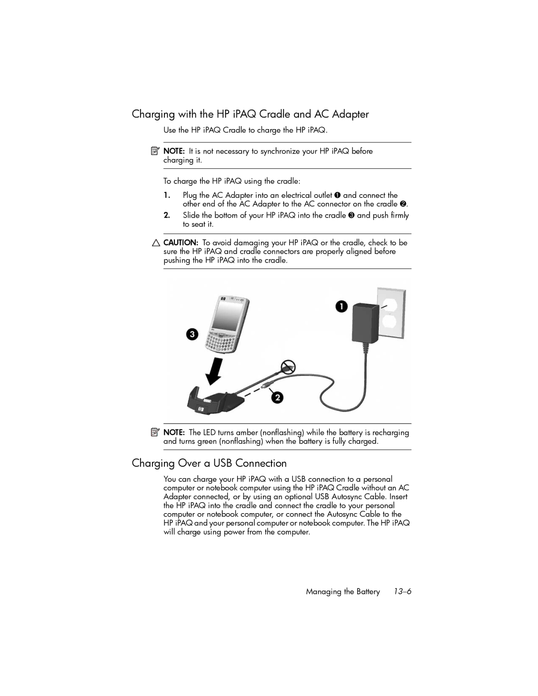 HP hw6500 Cingular manual Charging with the HP iPAQ Cradle and AC Adapter, Charging Over a USB Connection 