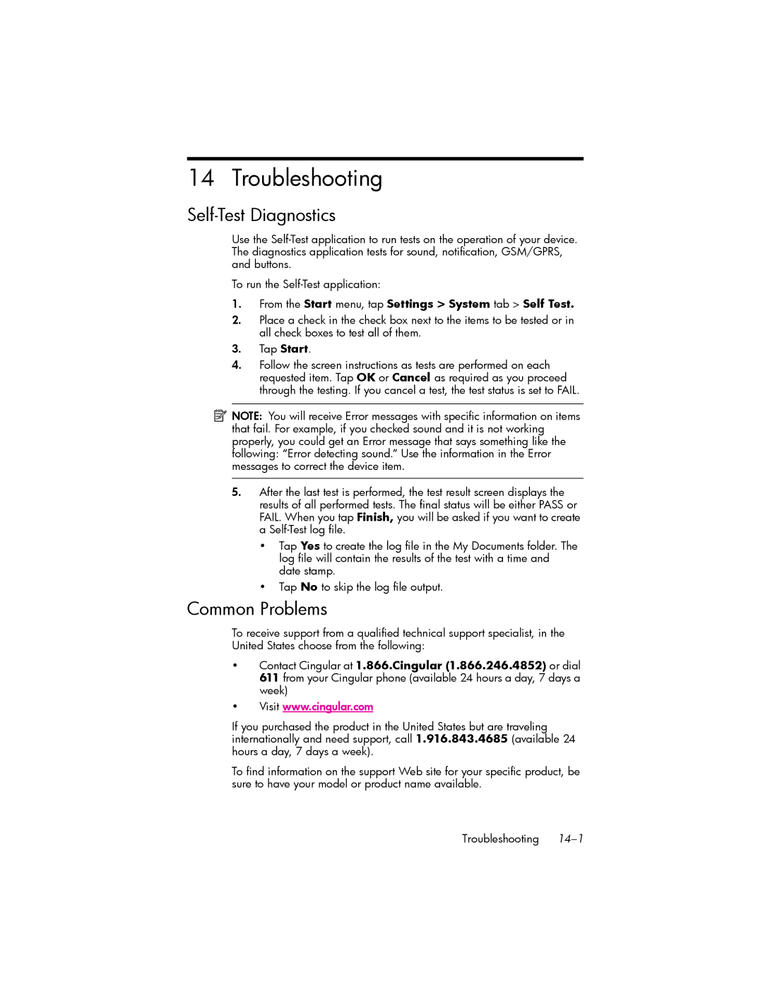 HP hw6500 Cingular manual Troubleshooting, Self-Test Diagnostics, Common Problems 