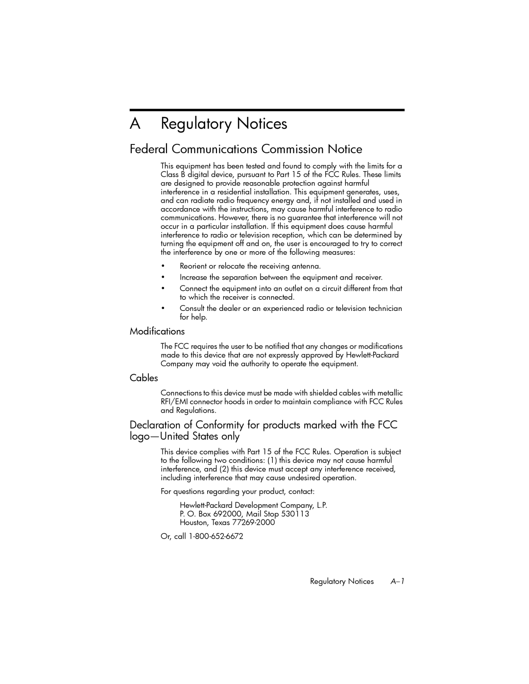 HP hw6500 Cingular manual Regulatory Notices, Federal Communications Commission Notice, Modifications, Cables 