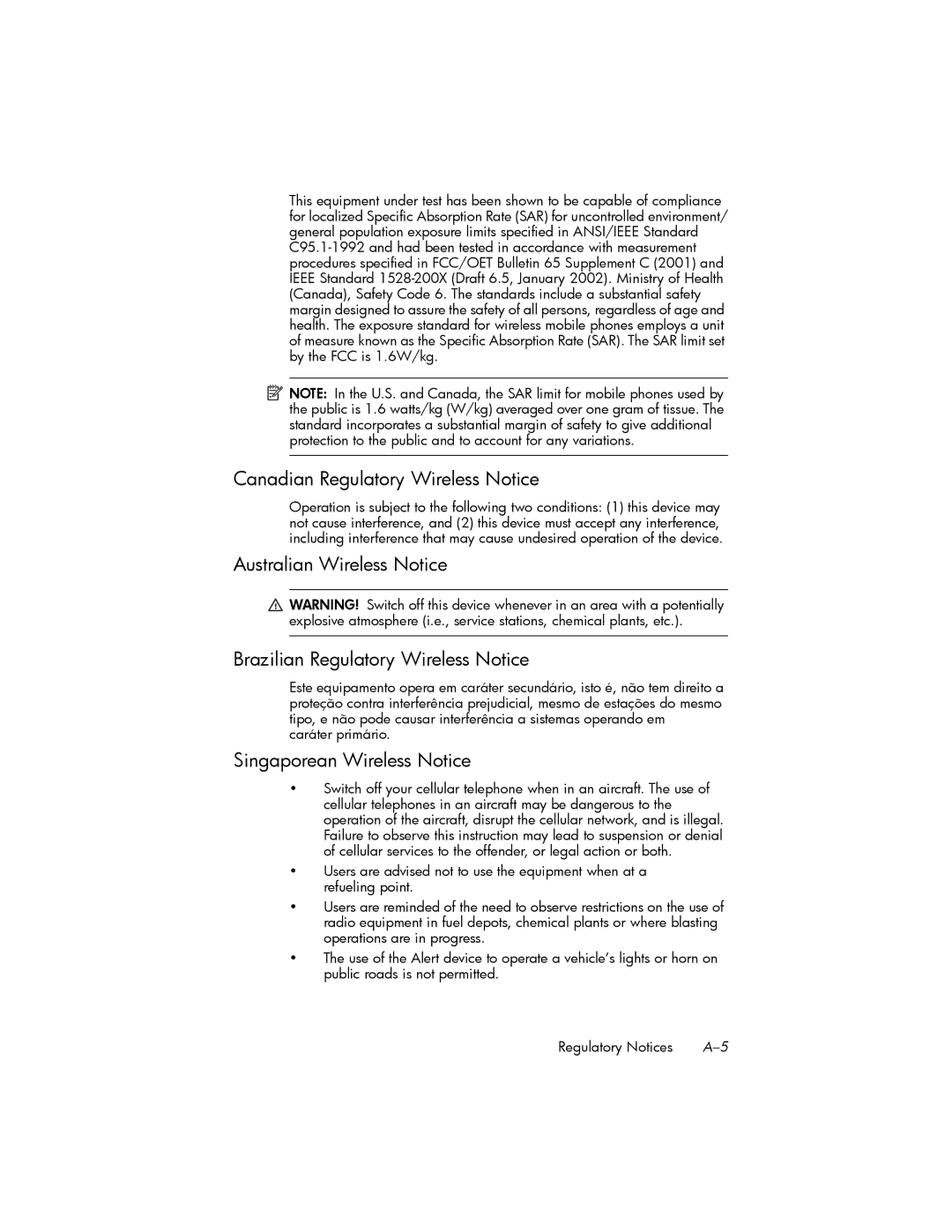 HP hw6500 Cingular manual Canadian Regulatory Wireless Notice, Singaporean Wireless Notice 