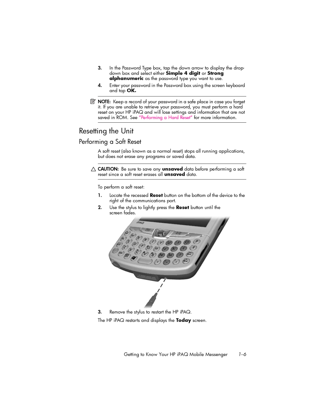 HP hw6500 Cingular manual Resetting the Unit, Performing a Soft Reset 