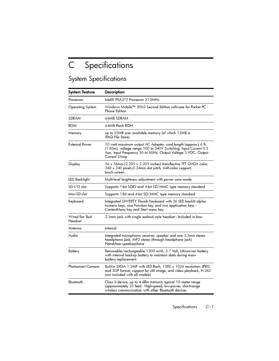 HP hw6500 Cingular manual System Specifications, System Feature Description, Specifications C-1 