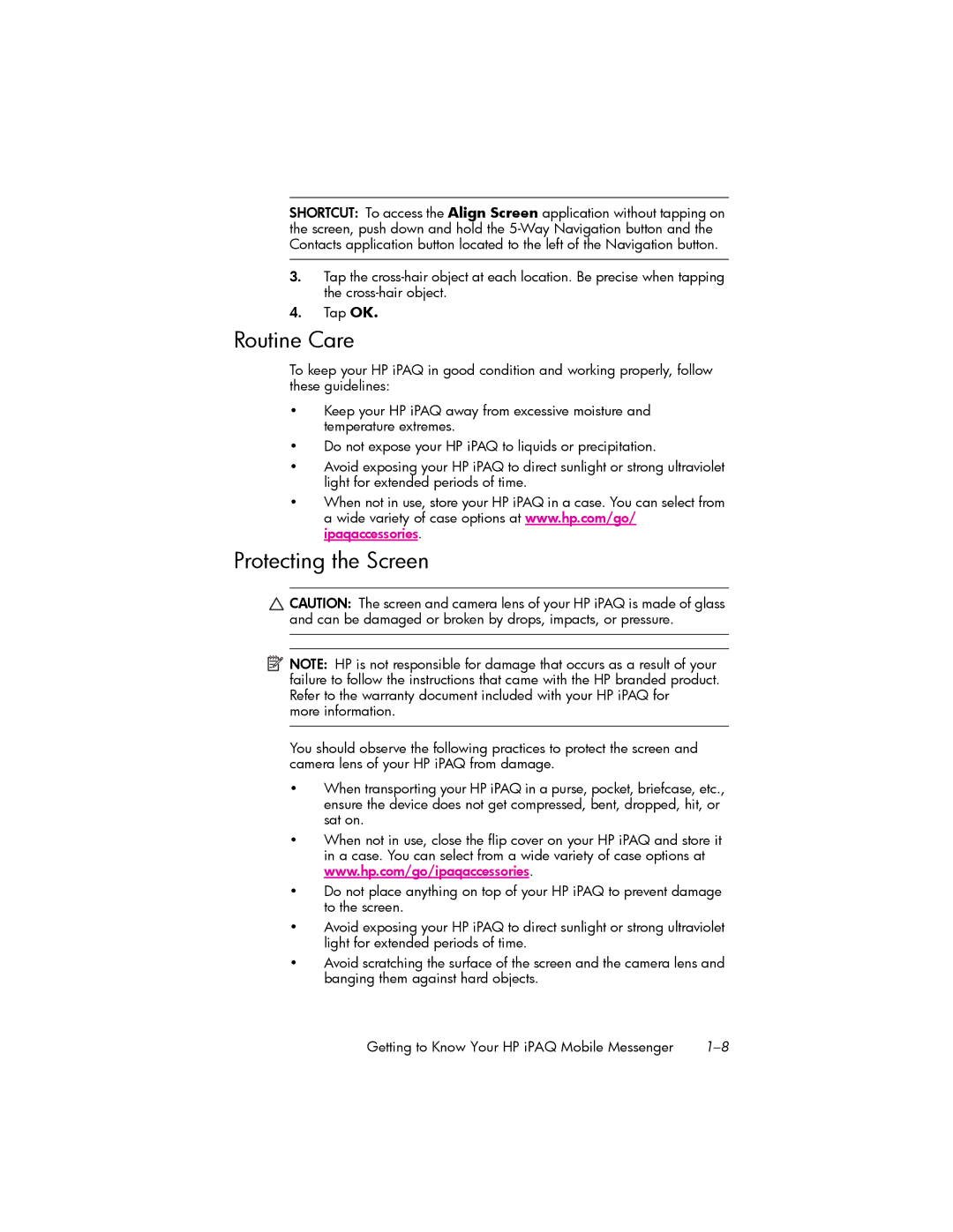 HP hw6500 Cingular manual Routine Care, Protecting the Screen 