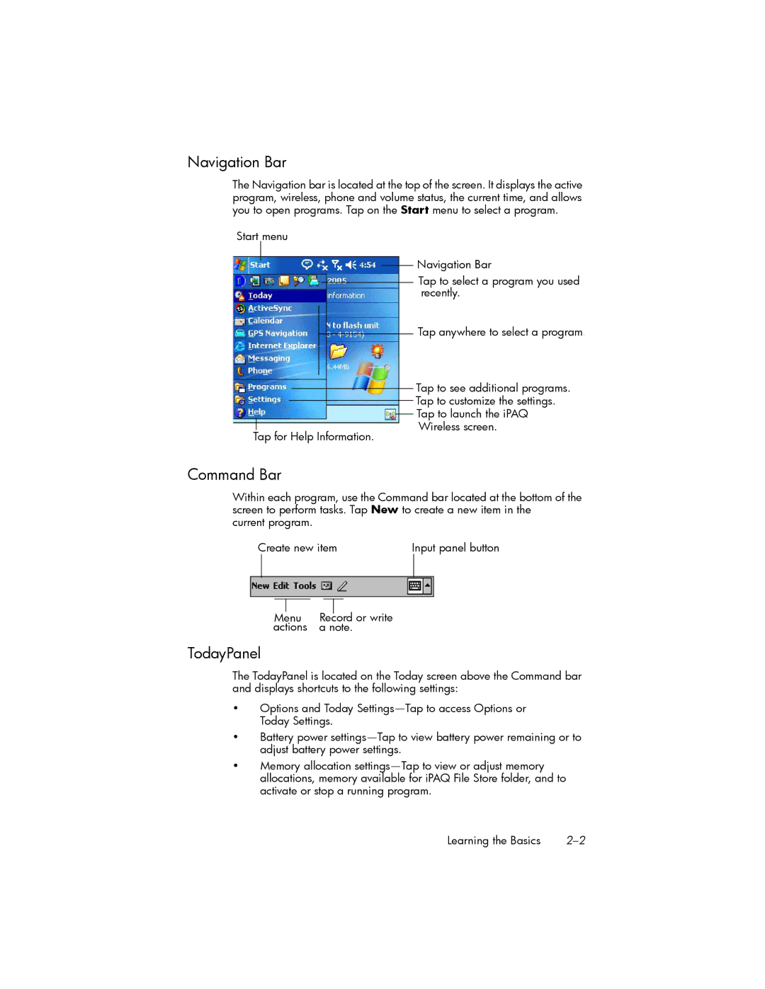 HP hw6500 Cingular manual Navigation Bar, Command Bar, TodayPanel, Menu, Actions 