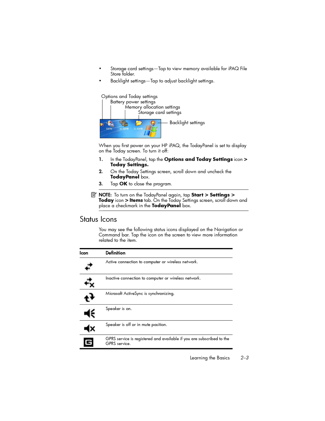 HP hw6500 Cingular manual Status Icons, Today Settings 