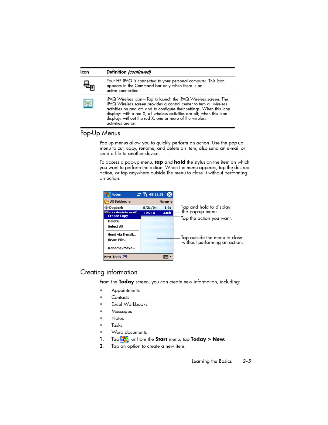 HP hw6500 Cingular manual Pop-Up Menus, Creating information 