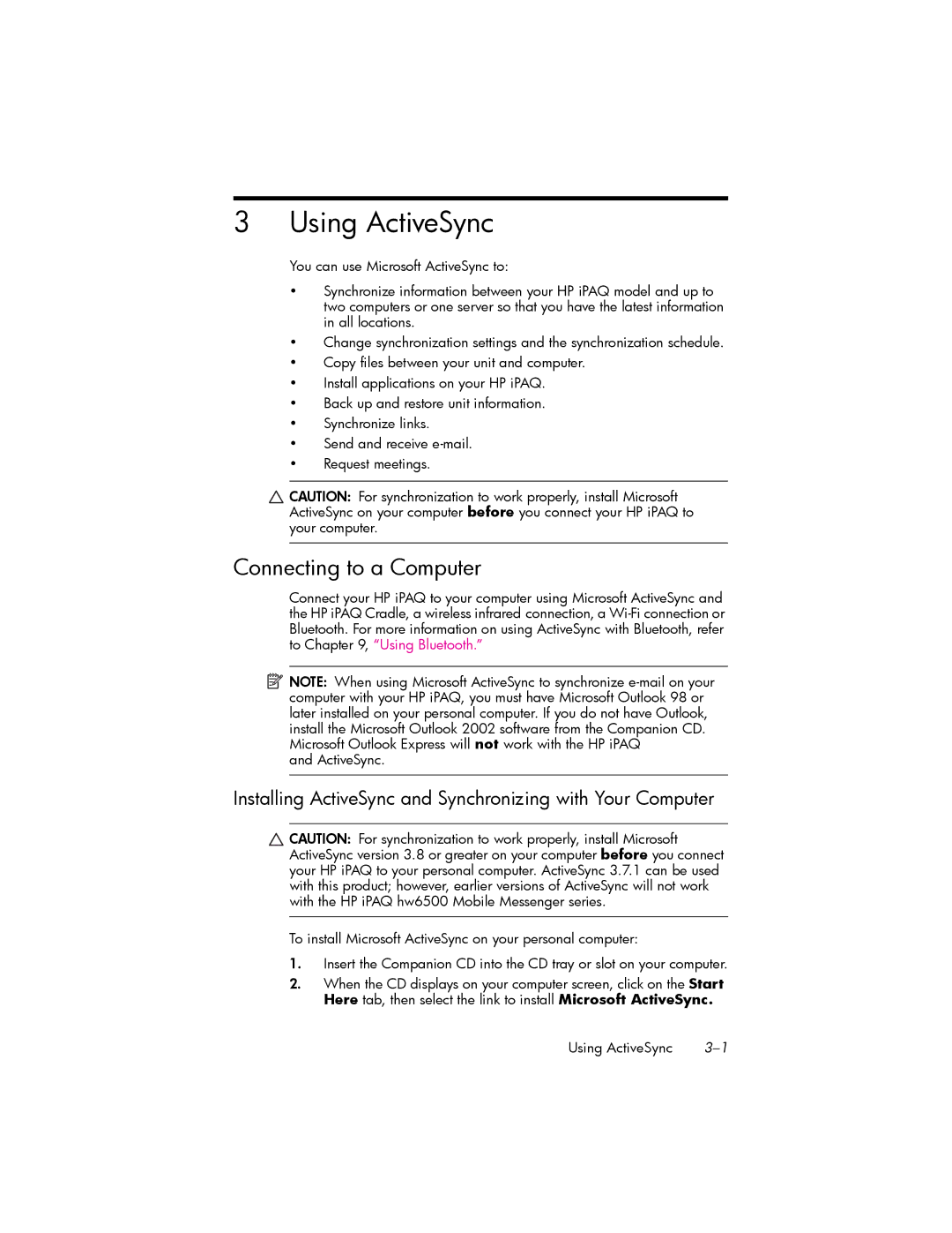 HP hw6500 Cingular Using ActiveSync, Connecting to a Computer, Installing ActiveSync and Synchronizing with Your Computer 