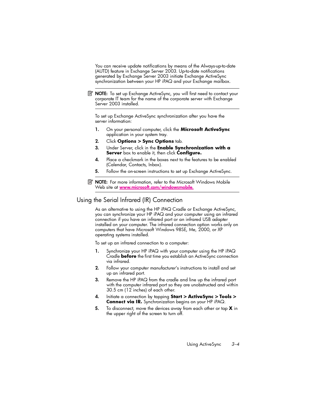 HP hw6500 Cingular manual Using the Serial Infrared IR Connection 