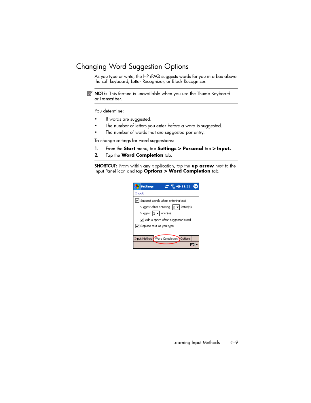 HP hw6500 Cingular manual Changing Word Suggestion Options 