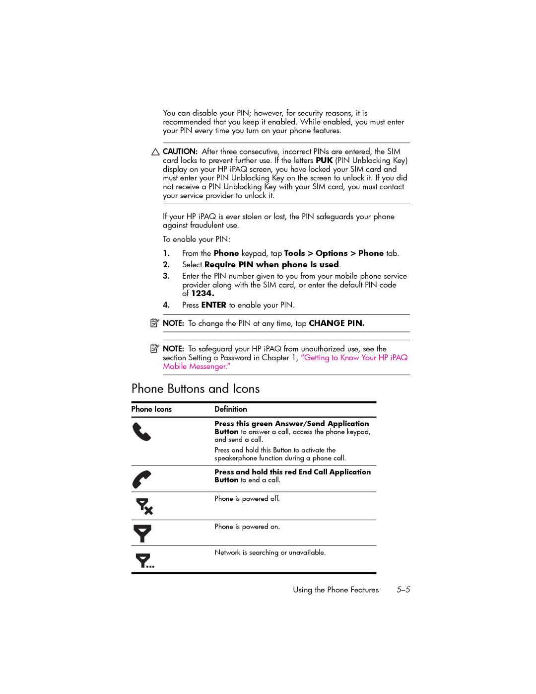 HP hw6500 Cingular manual Phone Buttons and Icons, Phone Icons Definition 