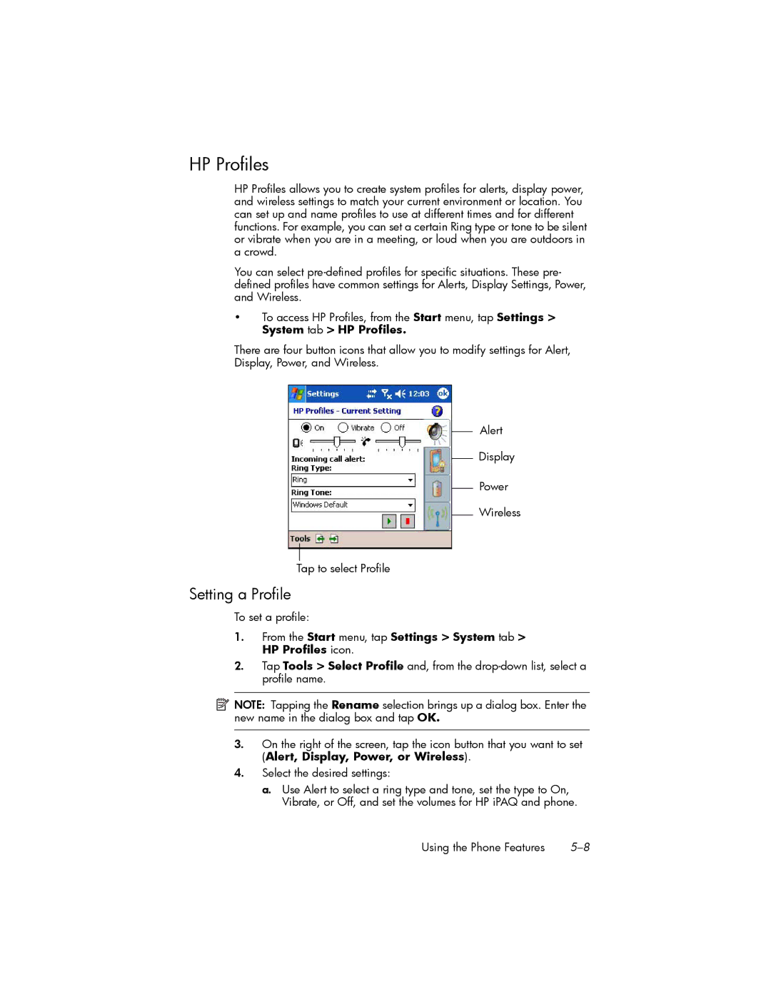 HP hw6500 Cingular manual HP Profiles, Setting a Profile, To set a profile 