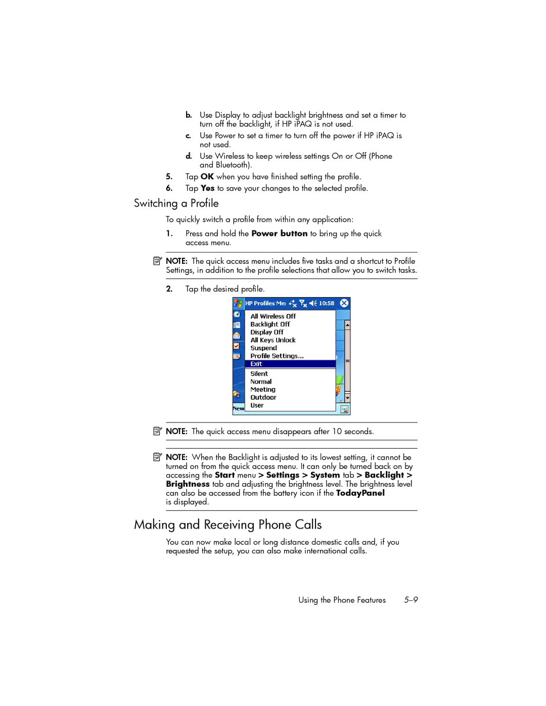 HP hw6500 Cingular manual Making and Receiving Phone Calls, Switching a Profile 