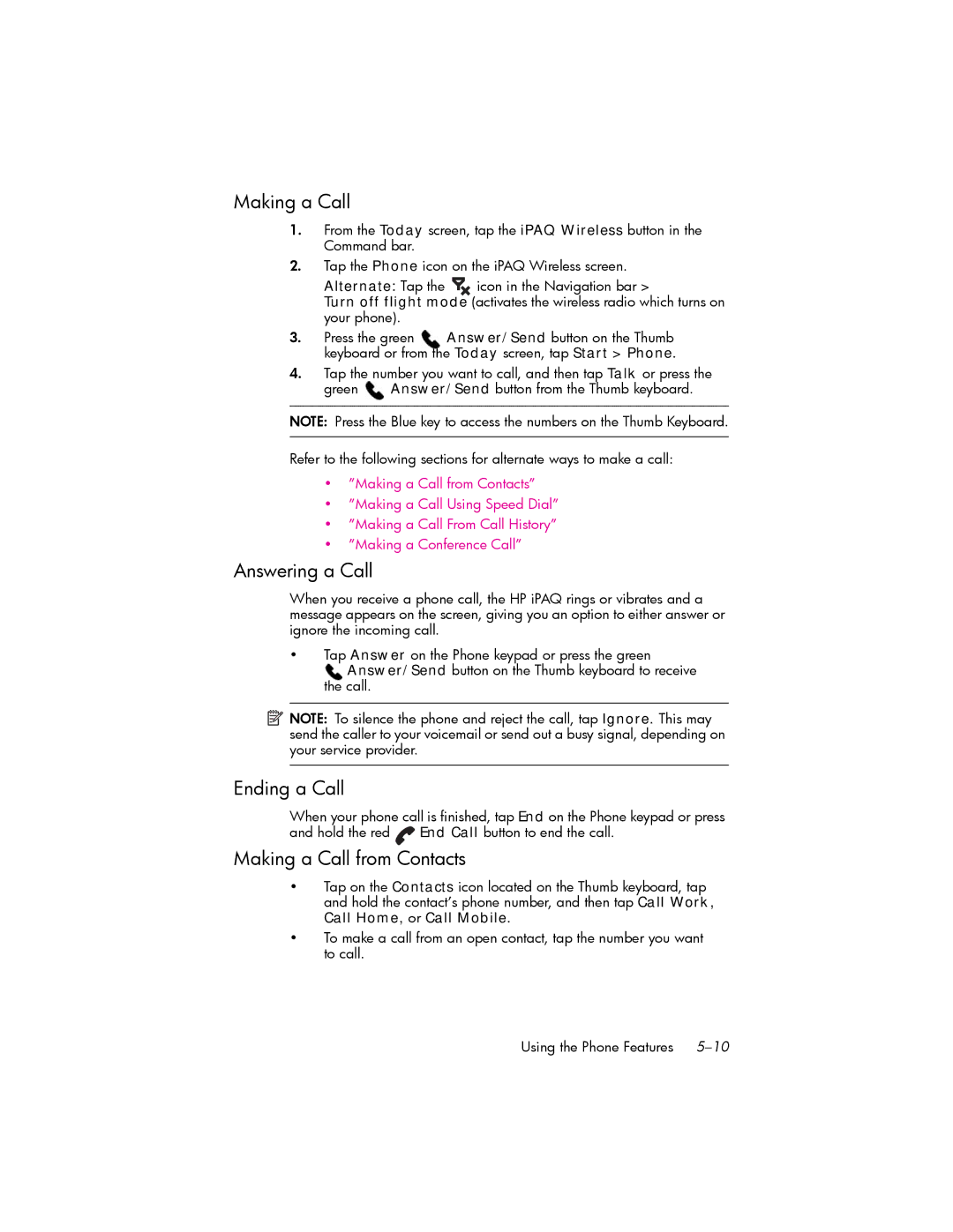 HP hw6500 Cingular manual Answering a Call, Ending a Call, Making a Call from Contacts 