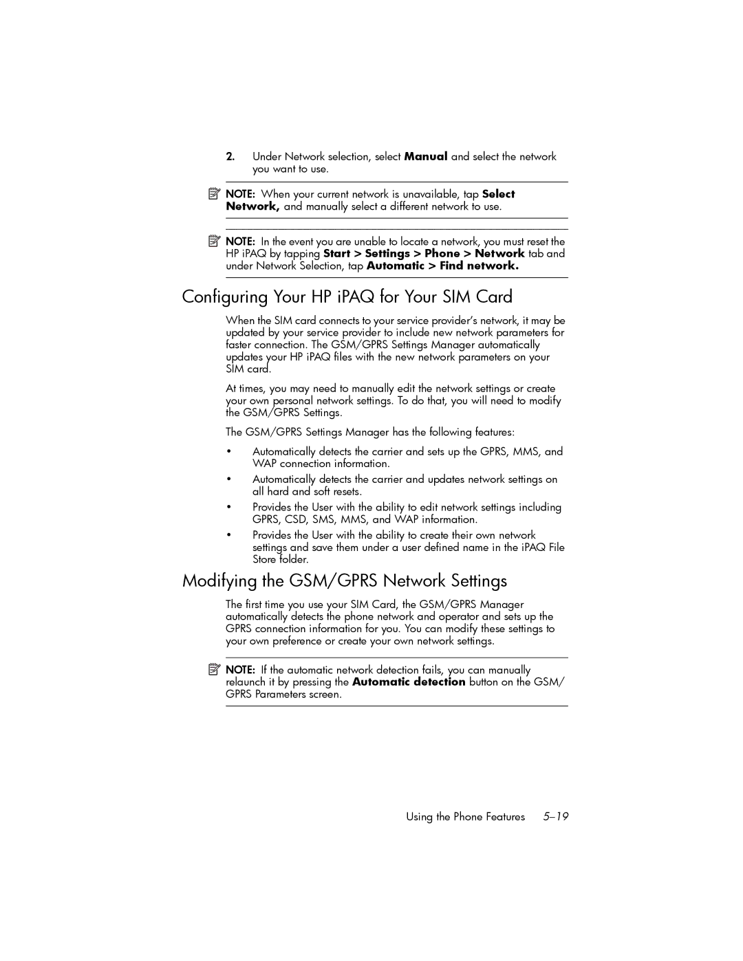 HP hw6500 Cingular manual Configuring Your HP iPAQ for Your SIM Card, Modifying the GSM/GPRS Network Settings 