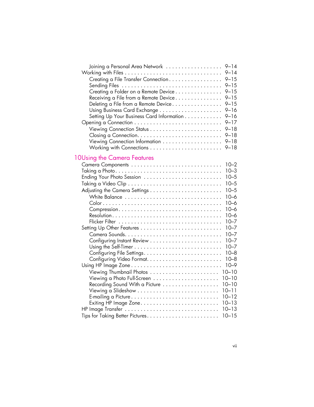 HP hw6500 Cingular manual 10Using the Camera Features, Vii 