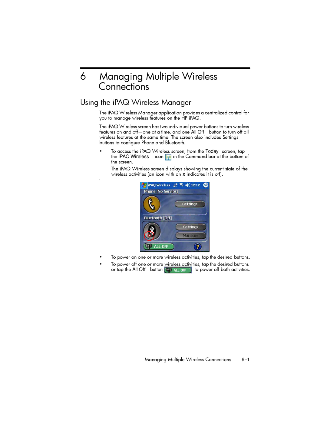 HP hw6500 Cingular manual Managing Multiple Wireless Connections, Using the iPAQ Wireless Manager, IPAQ Wireless icon 