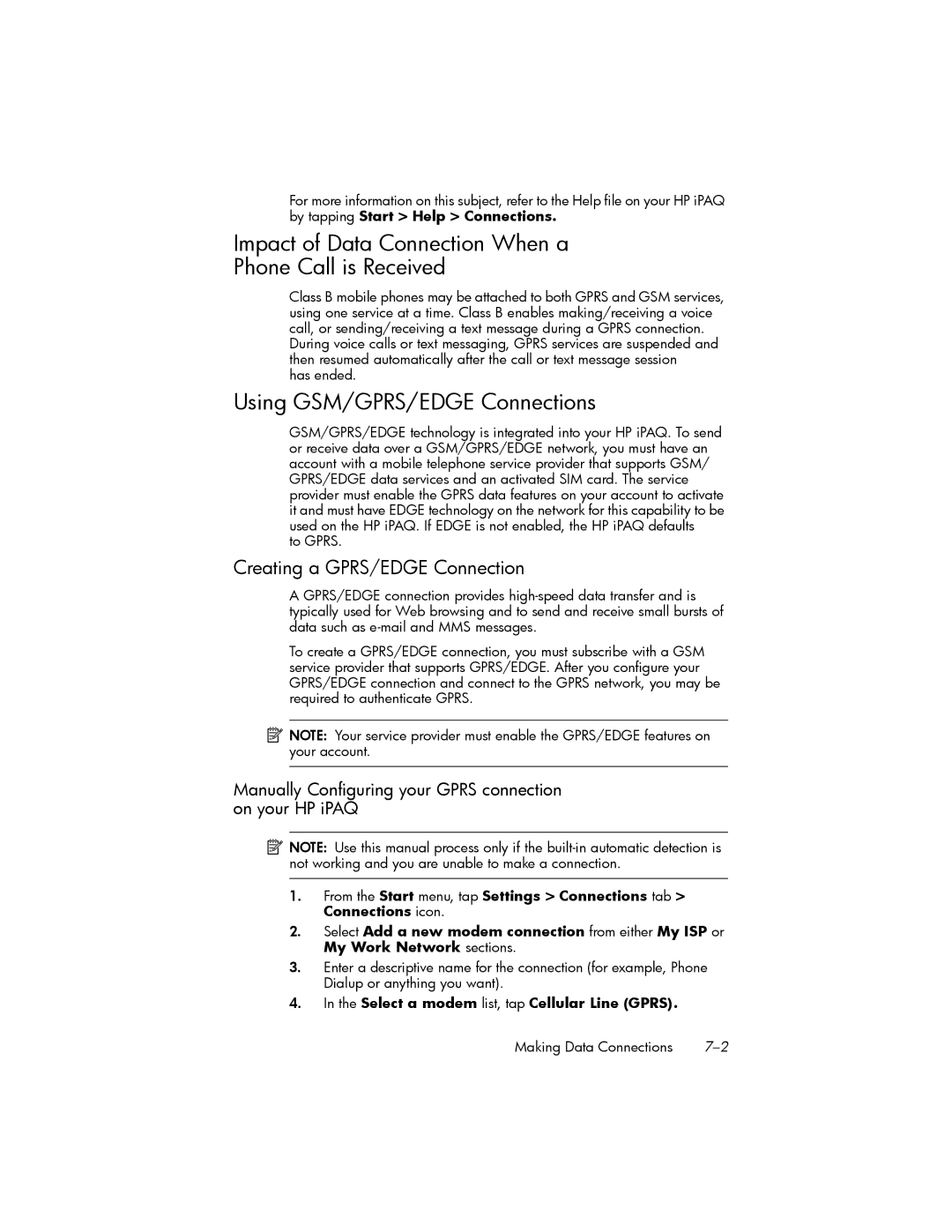 HP hw6500 Cingular manual Impact of Data Connection When a Phone Call is Received, Using GSM/GPRS/EDGE Connections 