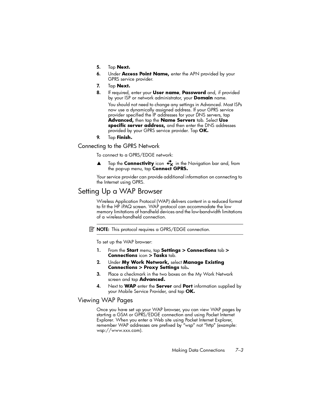 HP hw6500 Cingular manual Setting Up a WAP Browser, Viewing WAP Pages, Connecting to the Gprs Network 