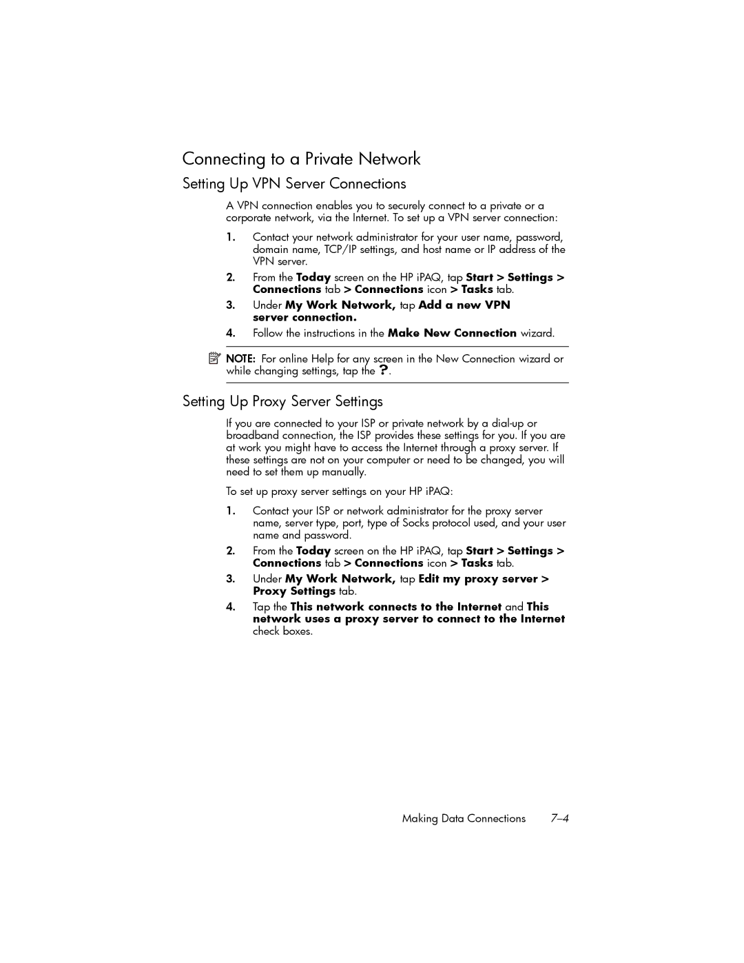 HP hw6500 Cingular Connecting to a Private Network, Setting Up VPN Server Connections, Setting Up Proxy Server Settings 