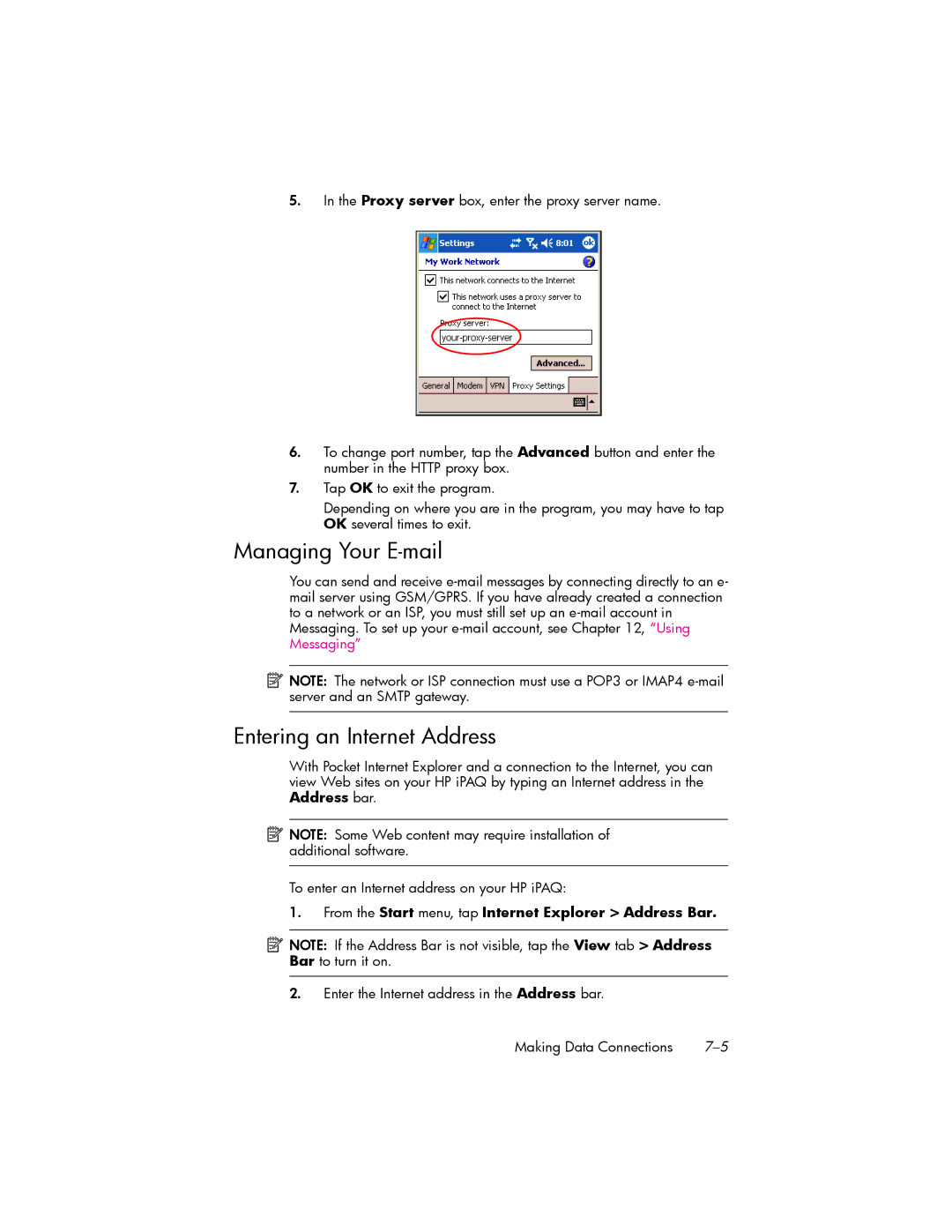 HP hw6500 Cingular manual Managing Your E-mail, Entering an Internet Address 