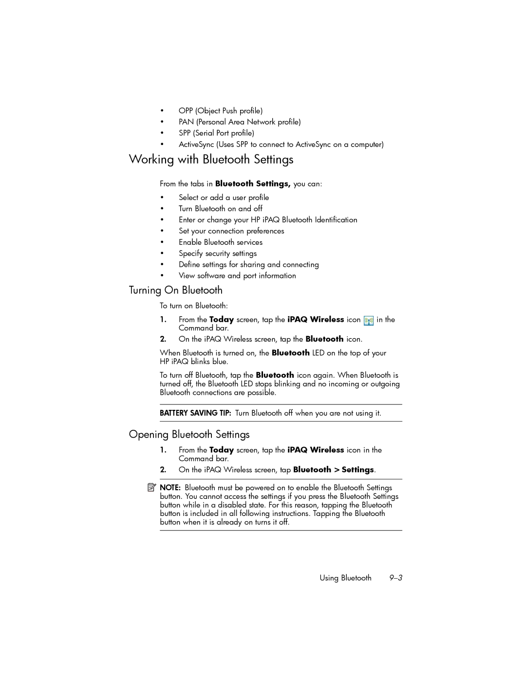 HP hw6500 Cingular manual Working with Bluetooth Settings, Turning On Bluetooth, Opening Bluetooth Settings 