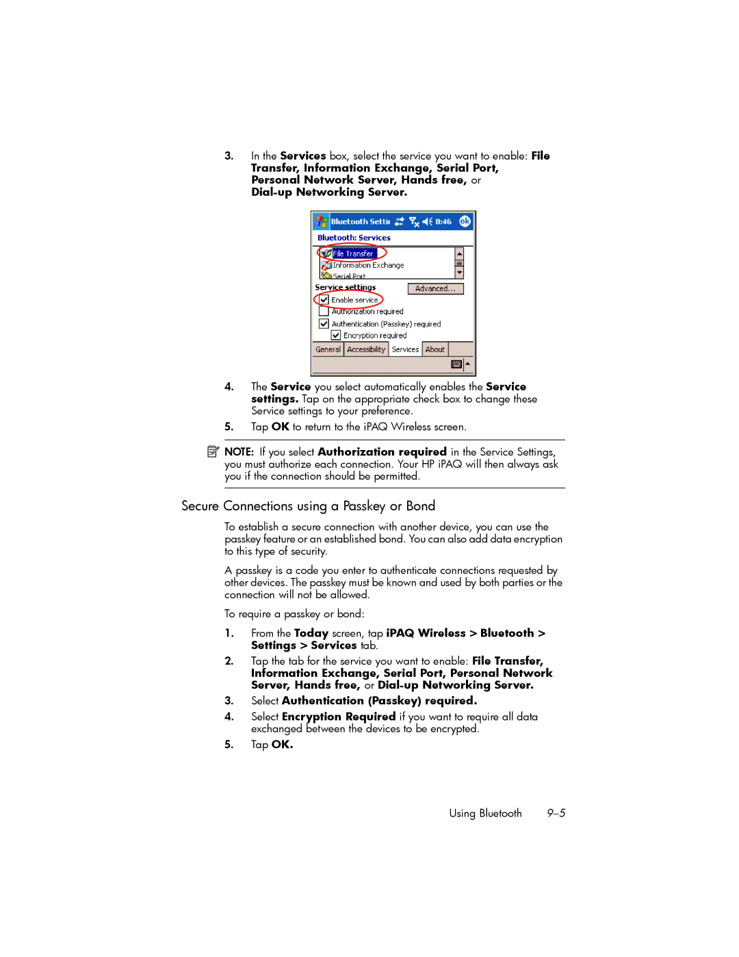 HP hw6500 Cingular Secure Connections using a Passkey or Bond, Services box, select the service you want to enable File 