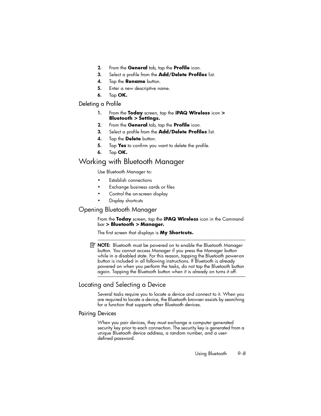 HP hw6500 Cingular manual Working with Bluetooth Manager, Opening Bluetooth Manager, Locating and Selecting a Device 