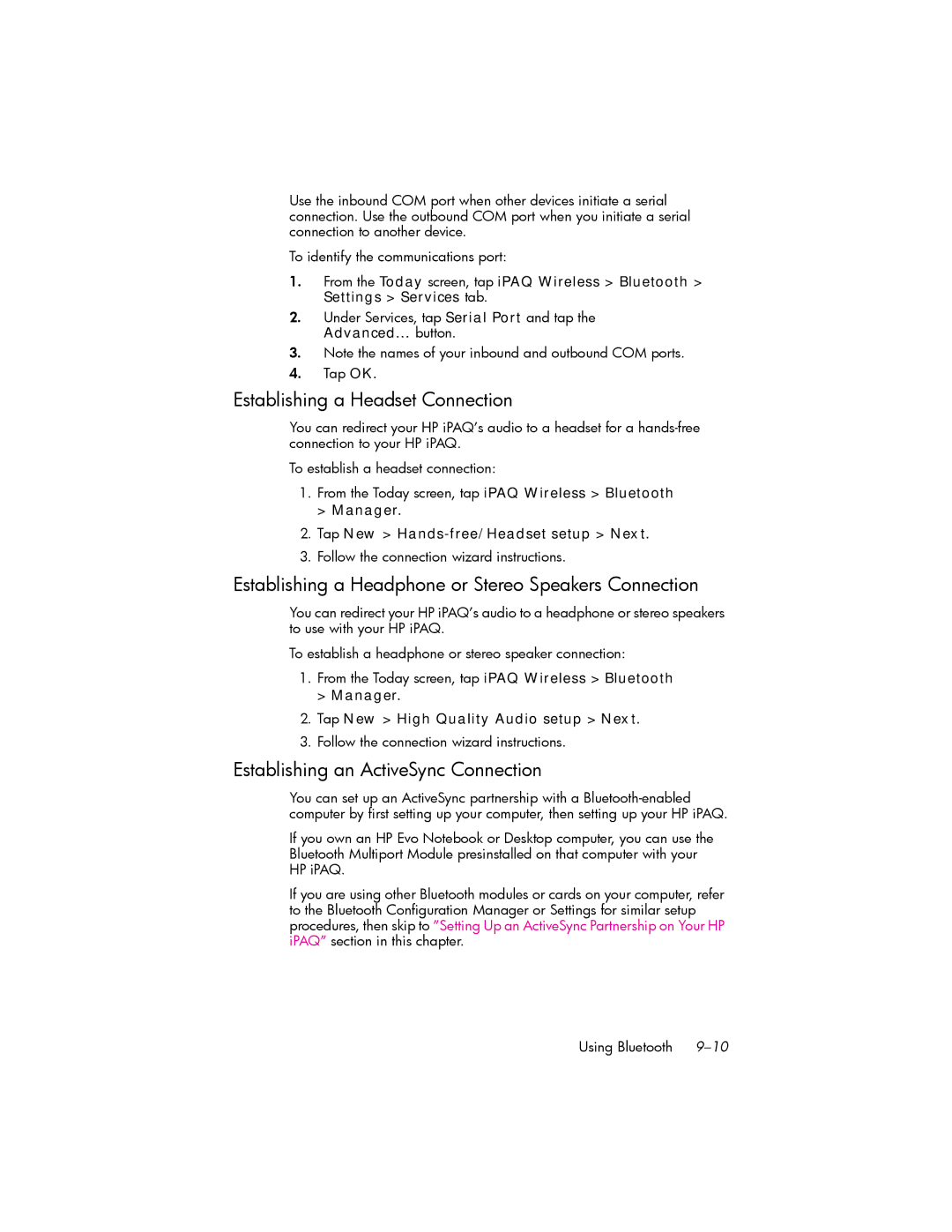 HP hw6500 Cingular manual Establishing a Headset Connection, Establishing a Headphone or Stereo Speakers Connection 