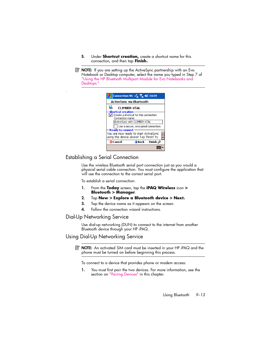 HP hw6500 Cingular manual Establishing a Serial Connection, Using Dial-Up Networking Service 