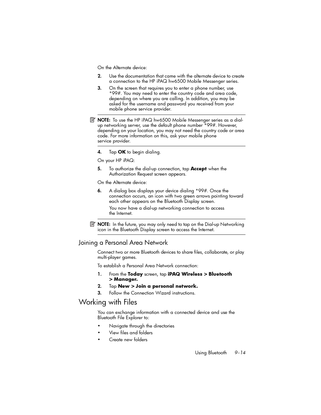 HP hw6500 Cingular manual Working with Files, Joining a Personal Area Network, On the Alternate device 