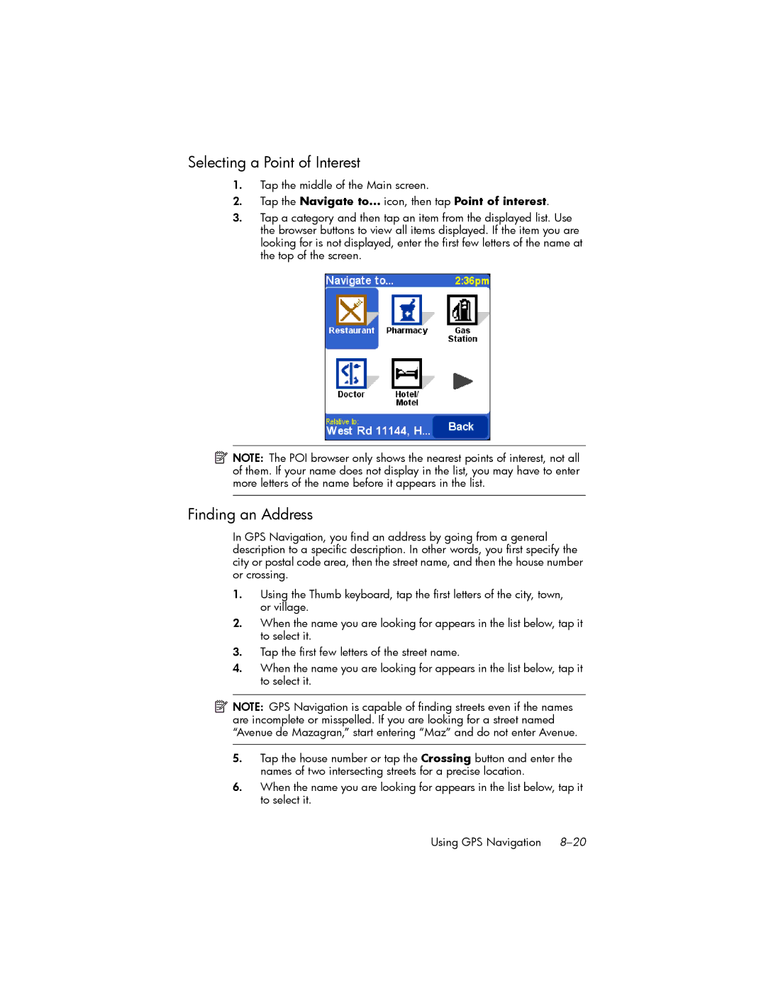 HP hw6500 Unlocked manual Selecting a Point of Interest, Finding an Address 