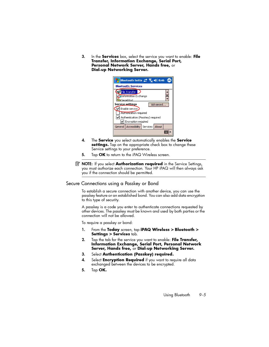 HP hw6500 Unlocked Secure Connections using a Passkey or Bond, Services box, select the service you want to enable File 