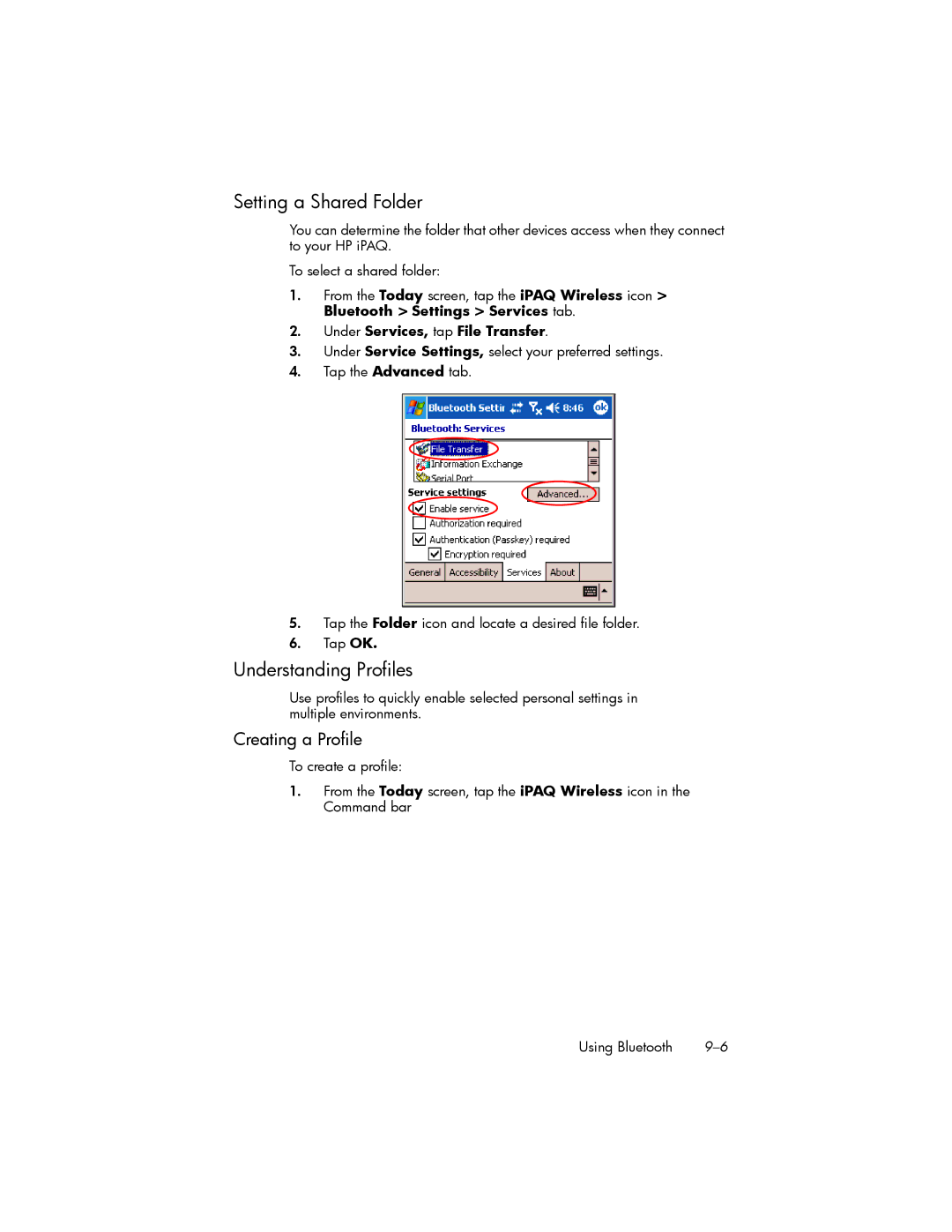 HP hw6500 Unlocked Setting a Shared Folder, Understanding Profiles, Creating a Profile, Under Services, tap File Transfer 