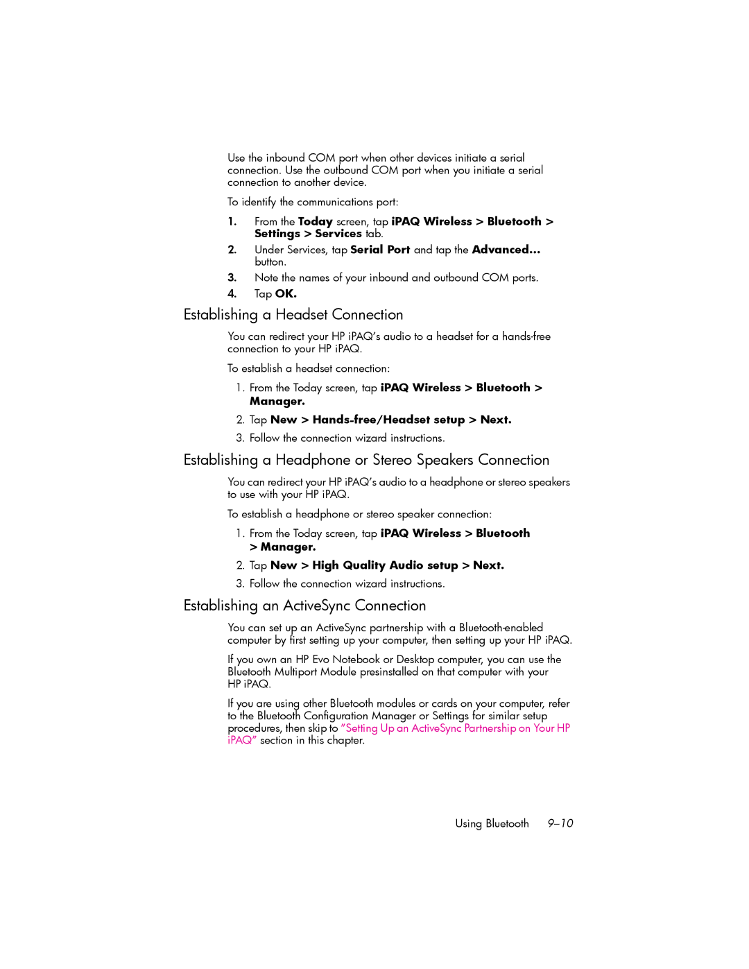 HP hw6500 Unlocked manual Establishing a Headset Connection, Establishing a Headphone or Stereo Speakers Connection 