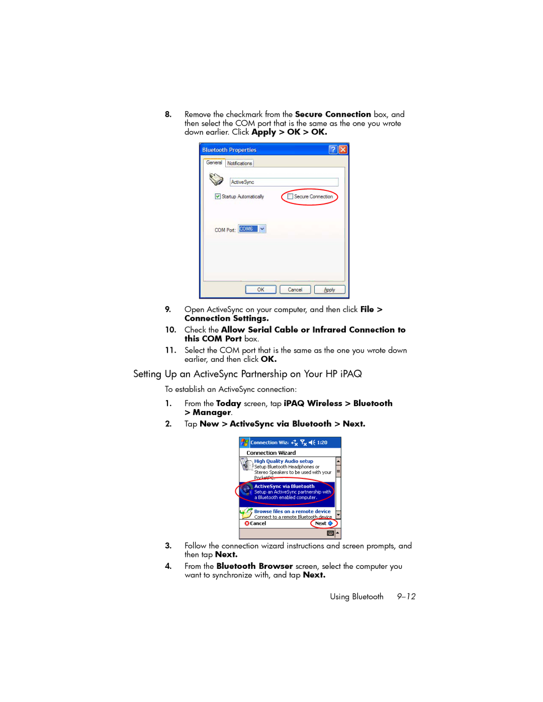 HP hw6500 Unlocked manual Setting Up an ActiveSync Partnership on Your HP iPAQ, To establish an ActiveSync connection 