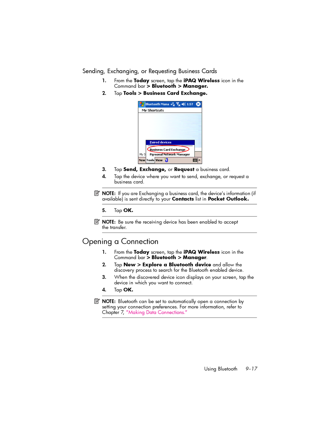 HP hw6500 Unlocked manual Opening a Connection, Sending, Exchanging, or Requesting Business Cards 