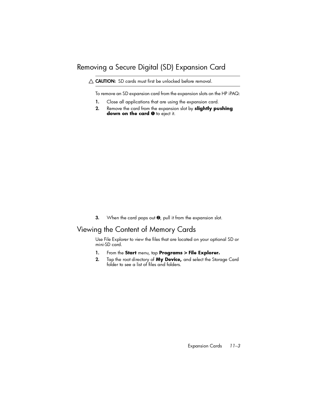 HP hw6500 Unlocked manual Removing a Secure Digital SD Expansion Card, Viewing the Content of Memory Cards 