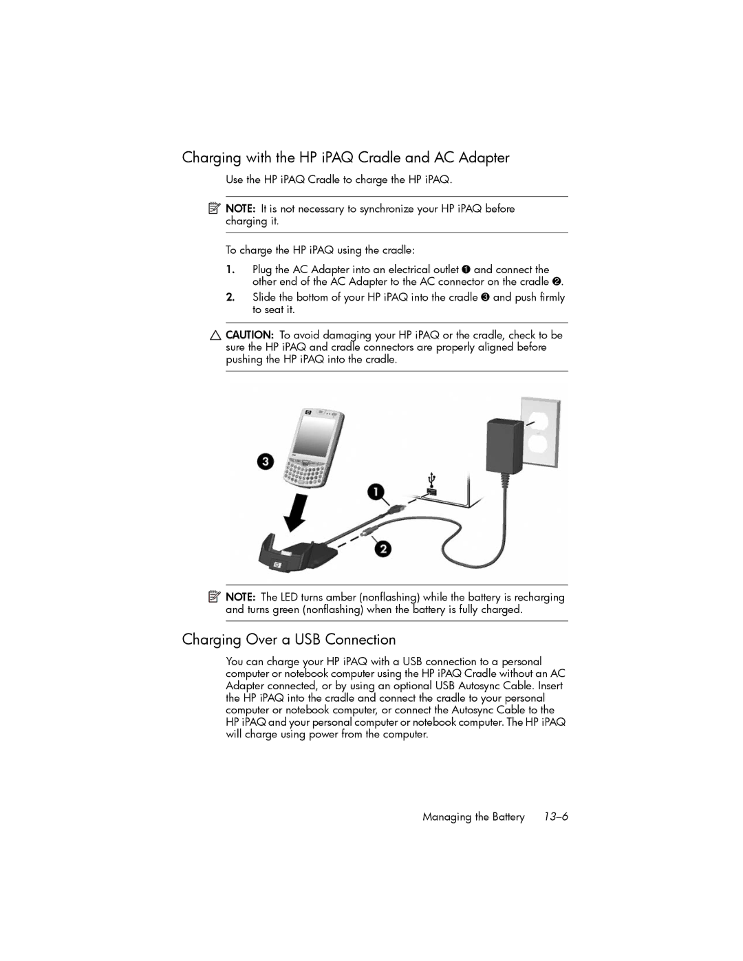 HP hw6500 Unlocked manual Charging with the HP iPAQ Cradle and AC Adapter, Charging Over a USB Connection 