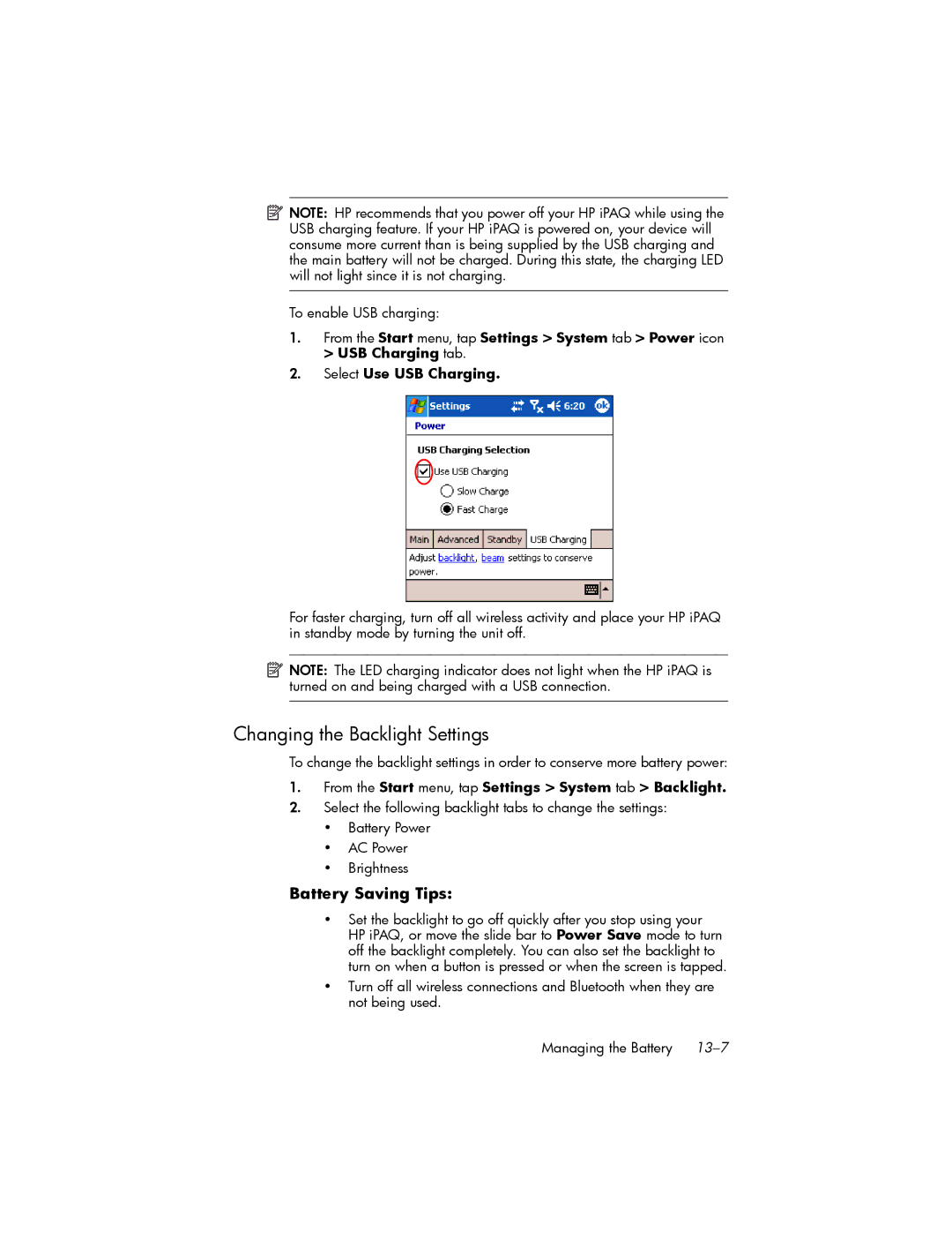 HP hw6500 Unlocked manual Changing the Backlight Settings, To enable USB charging 