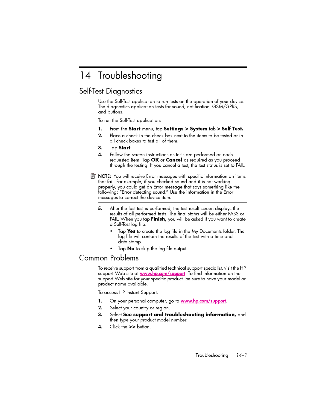 HP hw6500 Unlocked manual Troubleshooting, Self-Test Diagnostics, Common Problems 