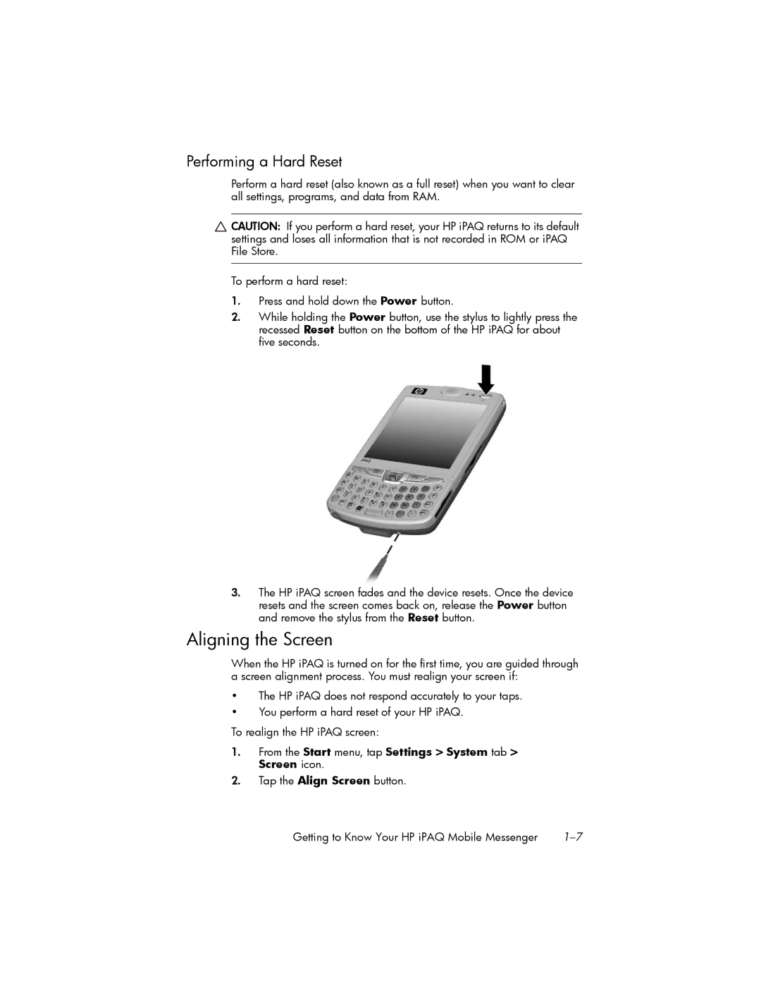 HP hw6500 Unlocked Aligning the Screen, Performing a Hard Reset, From the Start menu, tap Settings System tab Screen icon 