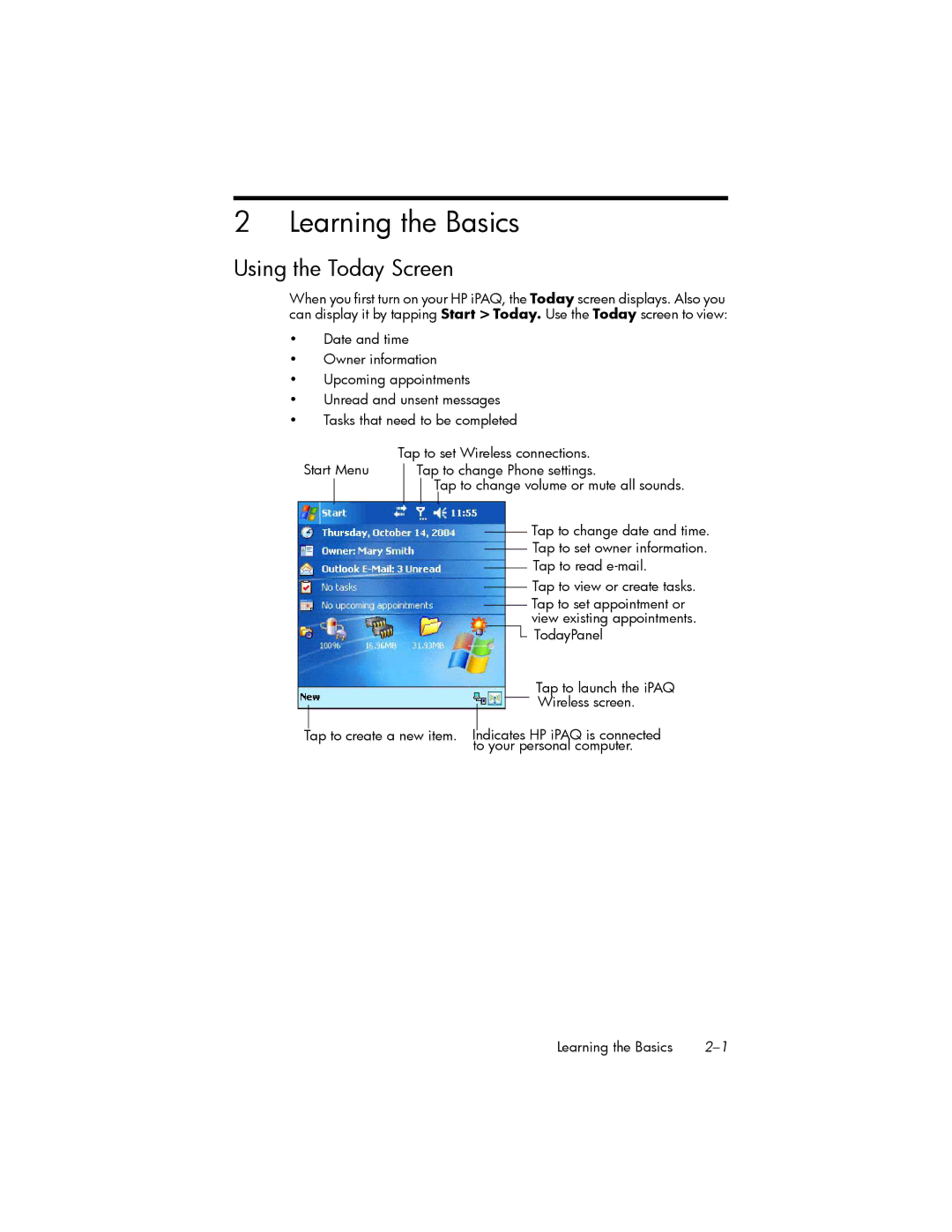 HP hw6500 Unlocked manual Learning the Basics, Using the Today Screen 