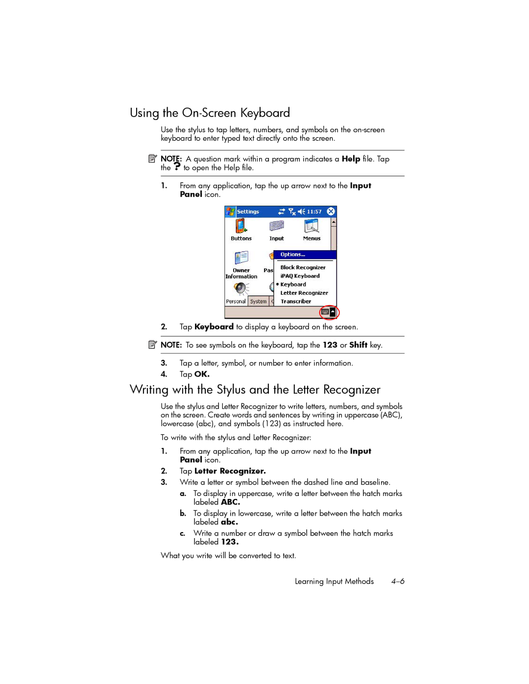 HP hw6500 Unlocked Using the On-Screen Keyboard, Writing with the Stylus and the Letter Recognizer, Tap Letter Recognizer 