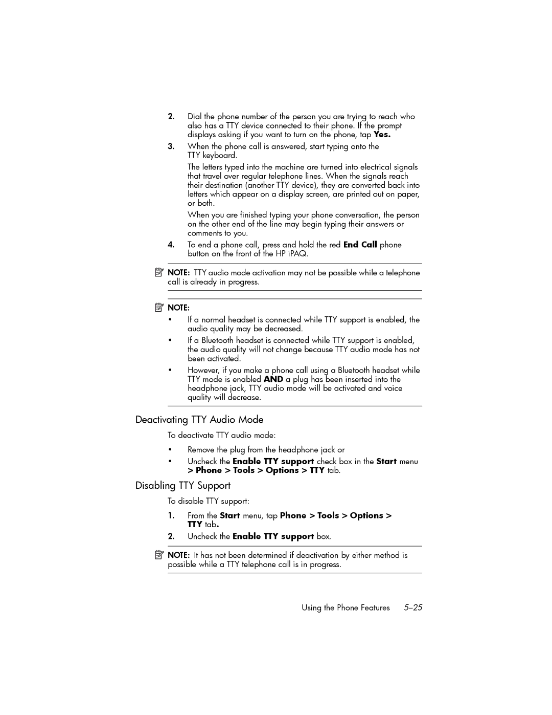 HP hw6500 Unlocked manual Deactivating TTY Audio Mode, Disabling TTY Support, To disable TTY support 