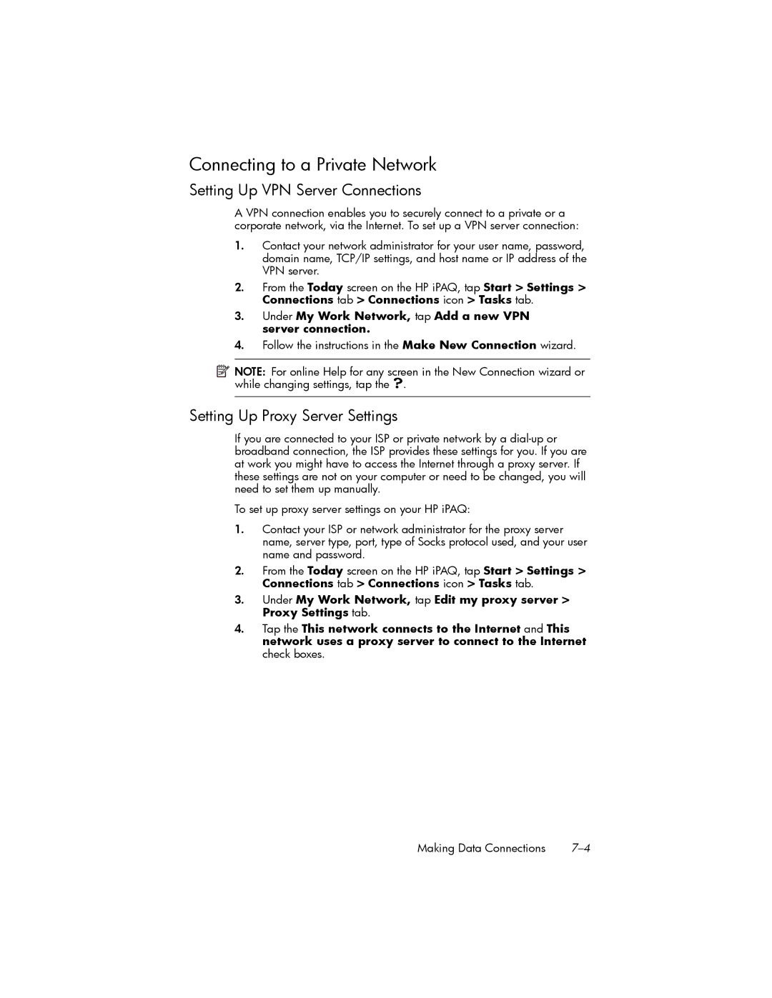 HP hw6500 Unlocked Connecting to a Private Network, Setting Up VPN Server Connections, Setting Up Proxy Server Settings 