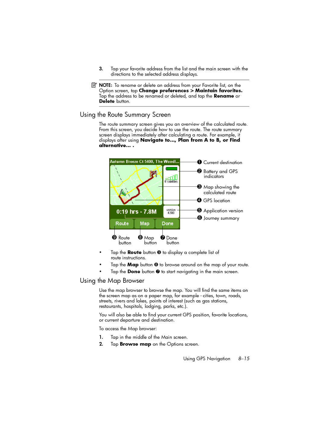 HP hw6500 Unlocked manual Using the Route Summary Screen, Using the Map Browser 