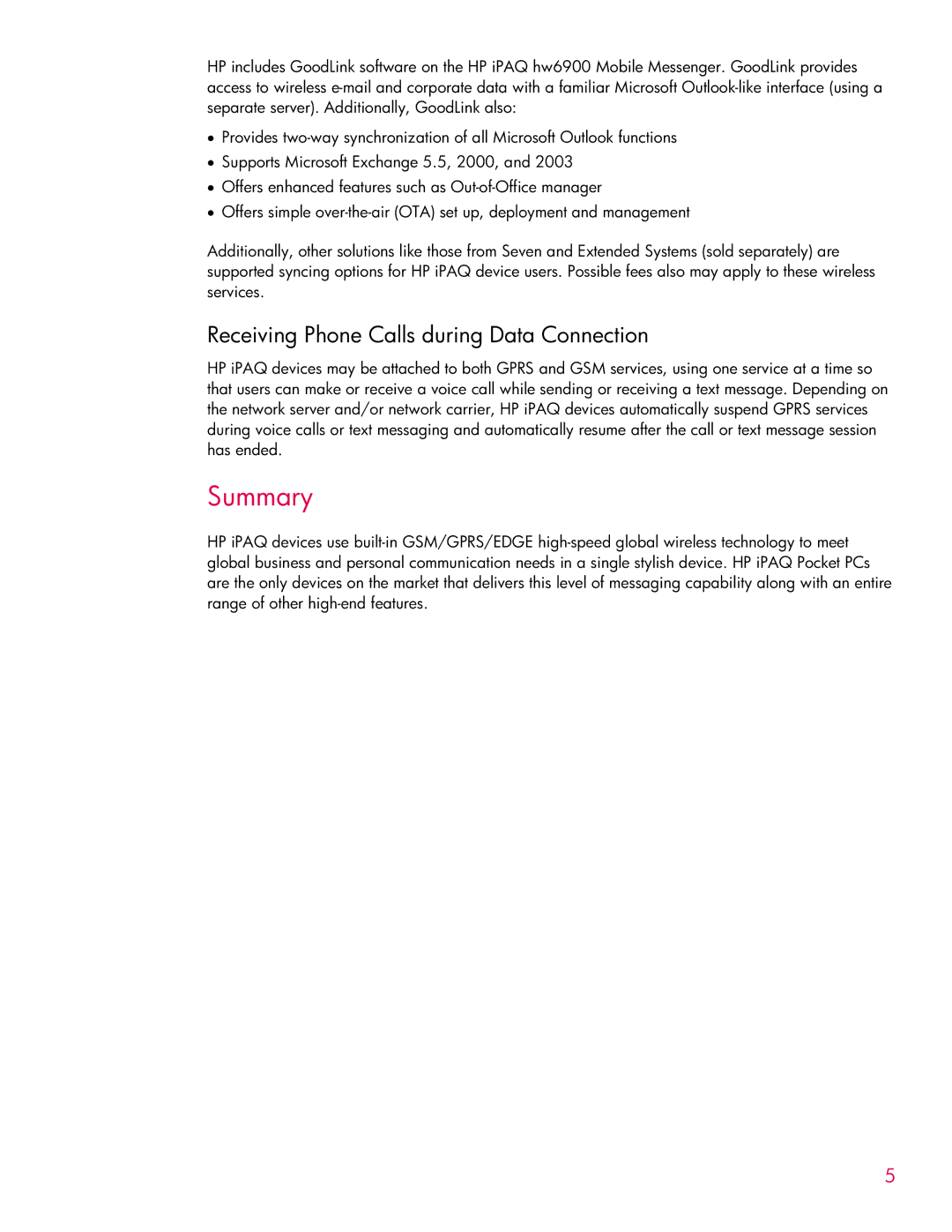 HP hw6920 manual Summary, Receiving Phone Calls during Data Connection 