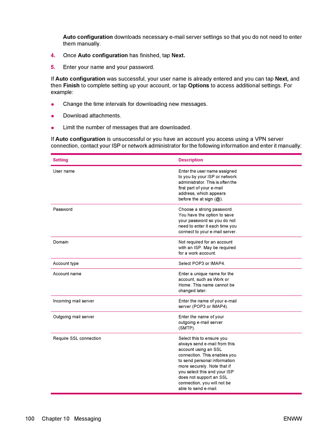 HP hw6960 manual Once Auto configuration has finished, tap Next, Setting Description 